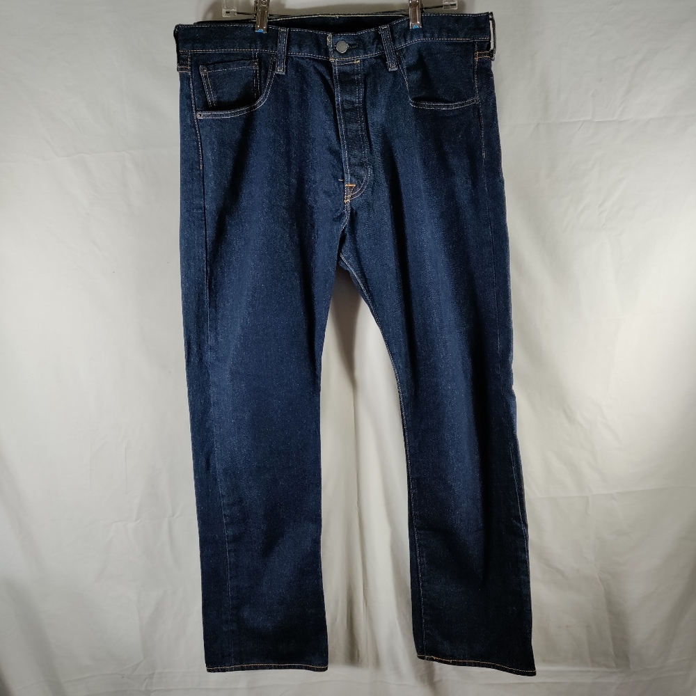 Levi's 501 Straight Button Fly Jeans Mens Size 38x32 Dark Blue Mid Rise